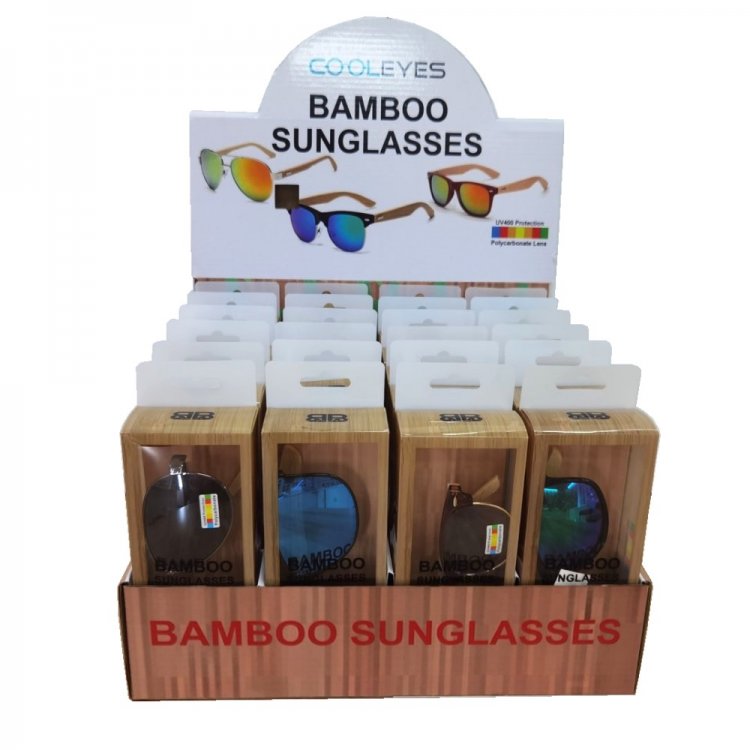 4 Style Bamboo Arm Polycarbonate Lens Sunglasses (24 Pair Packed in CDU)